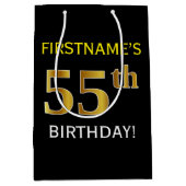 ブラック、フェイク金ゴールド55誕生日+名前をカスタムする ミディアムペーパーバッグ (正面)