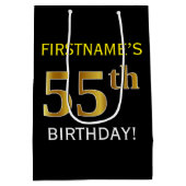 ブラック、フェイク金ゴールド55誕生日+名前をカスタムする ミディアムペーパーバッグ (裏面)