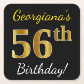ブラック、フェイク金ゴールド56番目の誕生日+名前をカスタムする スクエアペーパーコースター (正面)