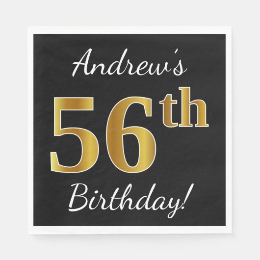 ブラック、フェイク金ゴールド56番目の誕生日+名前をカスタムする スタンダードランチョンナプキン (正面)