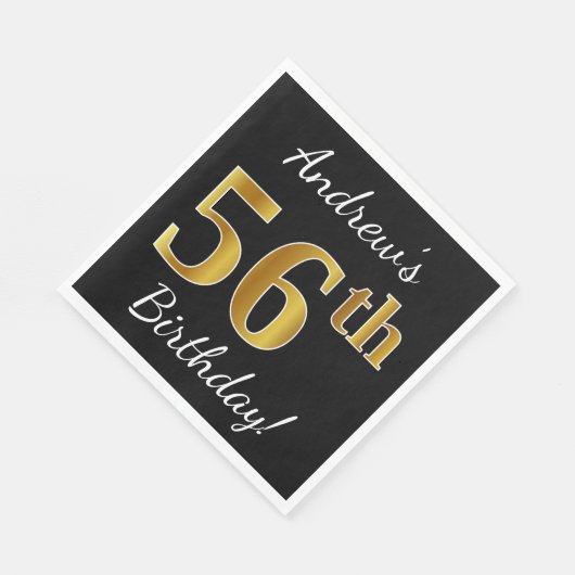 ブラック、フェイク金ゴールド56番目の誕生日+名前をカスタムする スタンダードランチョンナプキン (角)
