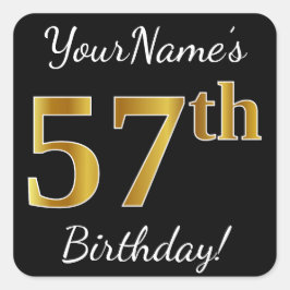 ブラック、フェイク金ゴールド57番目の誕生日+名前をカスタムする スクエアシール