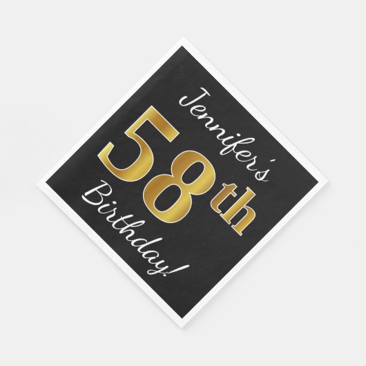 ブラック、フェイク金ゴールド58番目の誕生日+名前をカスタムする スタンダードランチョンナプキン (角)