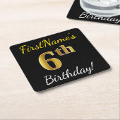 ブラック、フェイク金ゴールド6番目の誕生日+名前をカスタムする スクエアペーパーコースター (アングル)