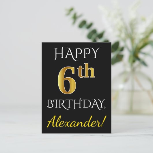 ブラック、フェイク金ゴールド6番目の誕生日+名前をカスタムする ポストカード (スタンド正面)