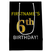 ブラック、フェイク金ゴールド6番目の誕生日+名前をカスタムする ミディアムペーパーバッグ (裏面)