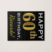 ブラック、フェイク金ゴールド60番目の誕生日+名前をカスタムする ジグソーパズル (横)