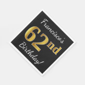 ブラック、フェイク金ゴールド62番目の誕生日+名前をカスタムする スタンダードランチョンナプキン (角)