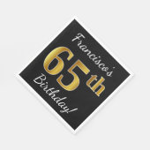 ブラック、フェイク金ゴールド65番目の誕生日+名前をカスタムする スタンダードランチョンナプキン (角)
