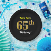 ブラック、フェイク金ゴールド65番目の誕生日+名前をカスタムする ペーパープレート (パーティー)