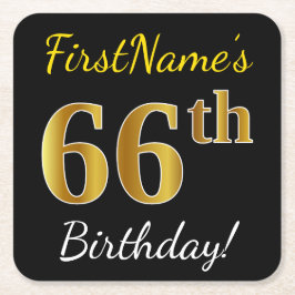 ブラック、フェイク金ゴールド66番目の誕生日+名前をカスタムする スクエアペーパーコースター