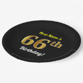 ブラック、フェイク金ゴールド66番目の誕生日+名前をカスタムする ペーパープレート (アングル)