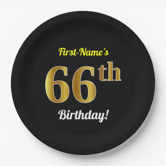 ブラック、フェイク金ゴールド66番目の誕生日+名前をカスタムする ペーパープレート (正面)