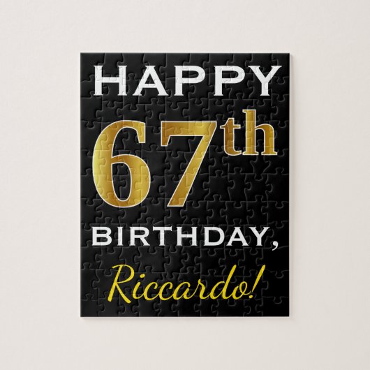 ブラック、フェイク金ゴールド67番目の誕生日+名前をカスタムする ジグソーパズル (縦)