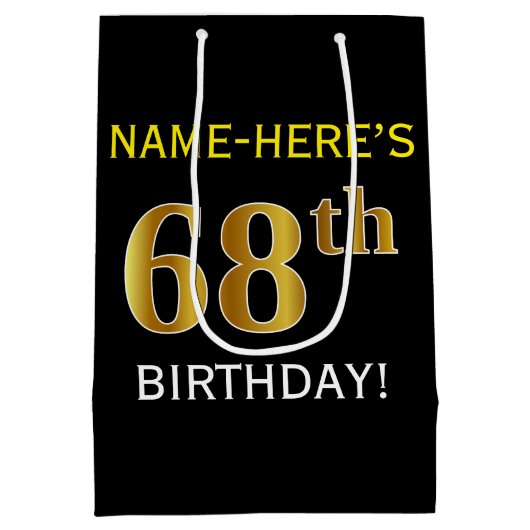 ブラック、フェイク金ゴールド68番目の誕生日+名前をカスタムする ミディアムペーパーバッグ (裏面)