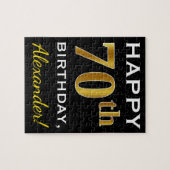 ブラック、フェイク金ゴールド70誕生日+名前をカスタムする ジグソーパズル (横)