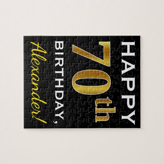 ブラック、フェイク金ゴールド70誕生日+名前をカスタムする ジグソーパズル (横)