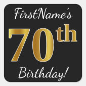 ブラック、フェイク金ゴールド70誕生日+名前をカスタムする スクエアシール (正面)