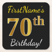 ブラック、フェイク金ゴールド70誕生日+名前をカスタムする スクエアペーパーコースター (正面)