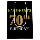 ブラック、フェイク金ゴールド70誕生日+名前をカスタムする ミディアムペーパーバッグ (裏面)