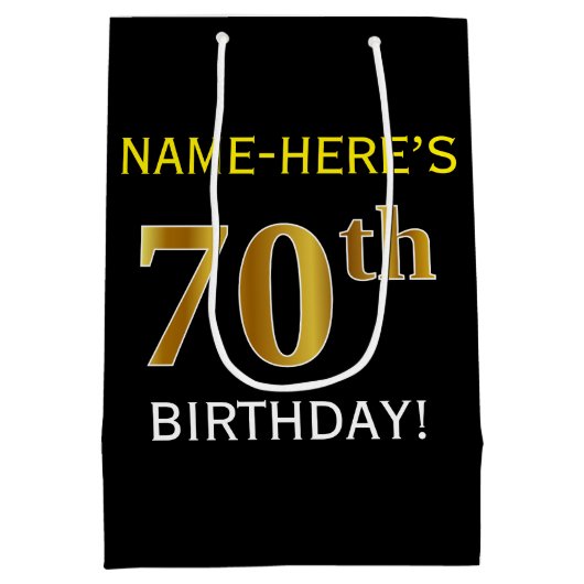 ブラック、フェイク金ゴールド70誕生日+名前をカスタムする ミディアムペーパーバッグ (裏面)