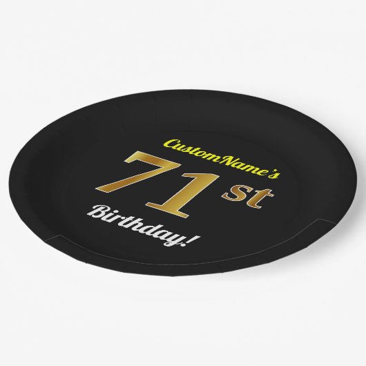 ブラック、フェイク金ゴールド71番目の誕生日+名前をカスタムする ペーパープレート (アングル)