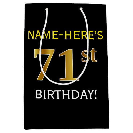 ブラック、フェイク金ゴールド71番目の誕生日+名前をカスタムする ミディアムペーパーバッグ (正面)