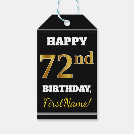 ブラック、フェイク金ゴールド72番目の誕生日+名前をカスタムする ギフトタグ (正面)
