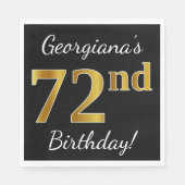 ブラック、フェイク金ゴールド72番目の誕生日+名前をカスタムする スタンダードランチョンナプキン (正面)