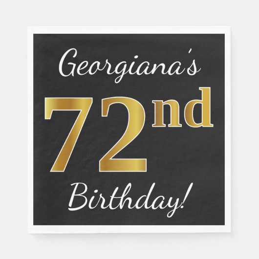 ブラック、フェイク金ゴールド72番目の誕生日+名前をカスタムする スタンダードランチョンナプキン (正面)