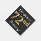 ブラック、フェイク金ゴールド72番目の誕生日+名前をカスタムする スタンダードランチョンナプキン (角)