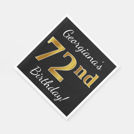 ブラック、フェイク金ゴールド72番目の誕生日+名前をカスタムする スタンダードランチョンナプキン (角)