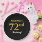 ブラック、フェイク金ゴールド72番目の誕生日+名前をカスタムする ペーパープレート (パーティー)