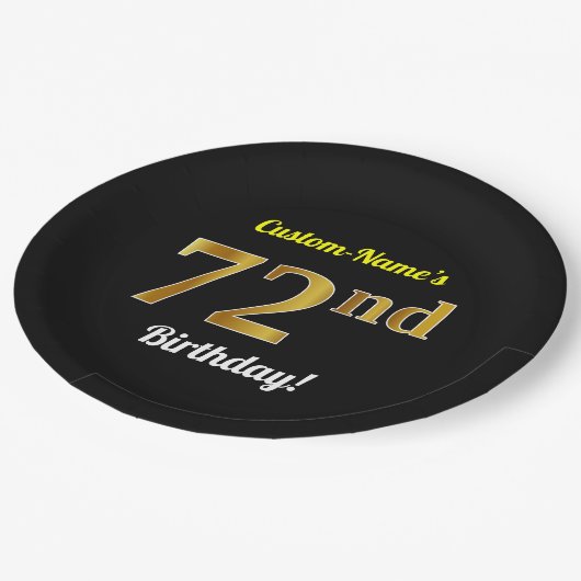 ブラック、フェイク金ゴールド72番目の誕生日+名前をカスタムする ペーパープレート (アングル)