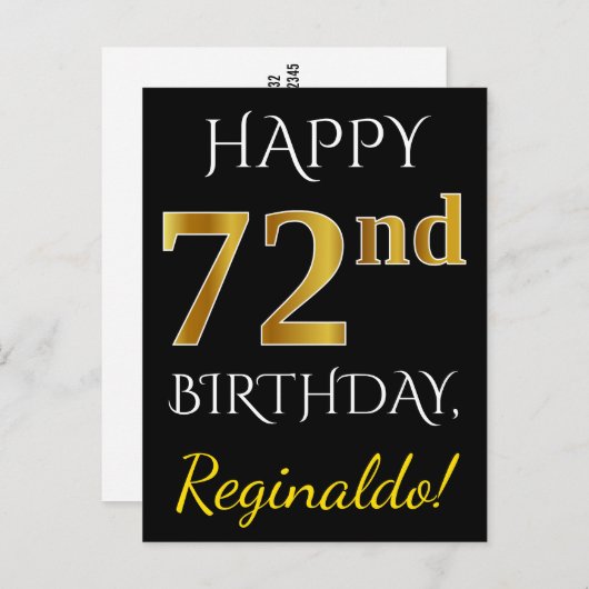 ブラック、フェイク金ゴールド72番目の誕生日+名前をカスタムする ポストカード (正面/裏面)