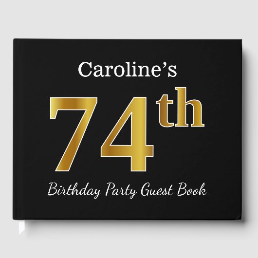 ブラック、フェイク金ゴールド74th誕生日パーティー+名前をカスタムする ゲストブック (正面)