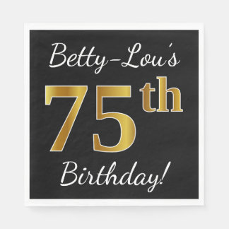 ブラック、フェイク金ゴールド75番目の誕生日+名前をカスタムする スタンダードランチョンナプキン