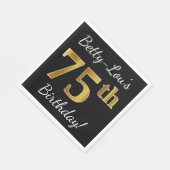 ブラック、フェイク金ゴールド75番目の誕生日+名前をカスタムする スタンダードランチョンナプキン (角)