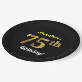 ブラック、フェイク金ゴールド75番目の誕生日+名前をカスタムする ペーパープレート (アングル)