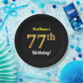 ブラック、フェイク金ゴールド77番目の誕生日+名前をカスタムする ペーパープレート (パーティー)