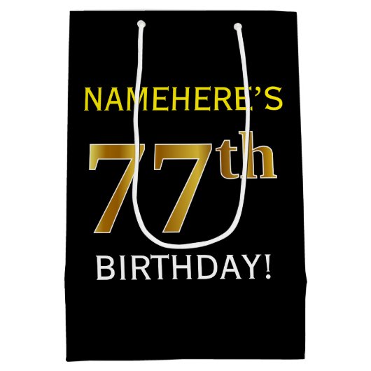 ブラック、フェイク金ゴールド77番目の誕生日+名前をカスタムする ミディアムペーパーバッグ (裏面)