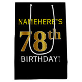 ブラック、フェイク金ゴールド78誕生日+名前をカスタムする ミディアムペーパーバッグ (裏面)
