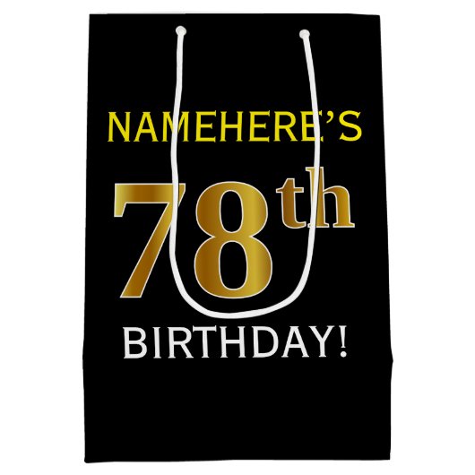 ブラック、フェイク金ゴールド78誕生日+名前をカスタムする ミディアムペーパーバッグ (裏面)