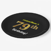 ブラック、フェイク金ゴールド79誕生日+名前をカスタムする ペーパープレート (アングル)