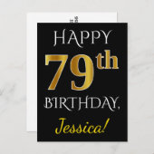 ブラック、フェイク金ゴールド79誕生日+名前をカスタムする ポストカード (正面/裏面)