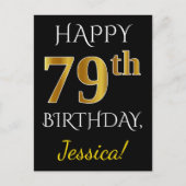 ブラック、フェイク金ゴールド79誕生日+名前をカスタムする ポストカード (正面)