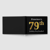 ブラック、フェイク金ゴールド79th Birthday Party +名前をカスタムする ゲストブック (全面)