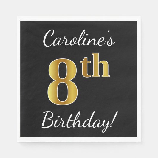 ブラック、フェイク金ゴールド8誕生日+名前をカスタムする スタンダードランチョンナプキン (正面)