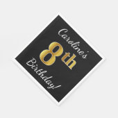 ブラック、フェイク金ゴールド8誕生日+名前をカスタムする スタンダードランチョンナプキン (角)