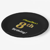ブラック、フェイク金ゴールド8誕生日+名前をカスタムする ペーパープレート (アングル)